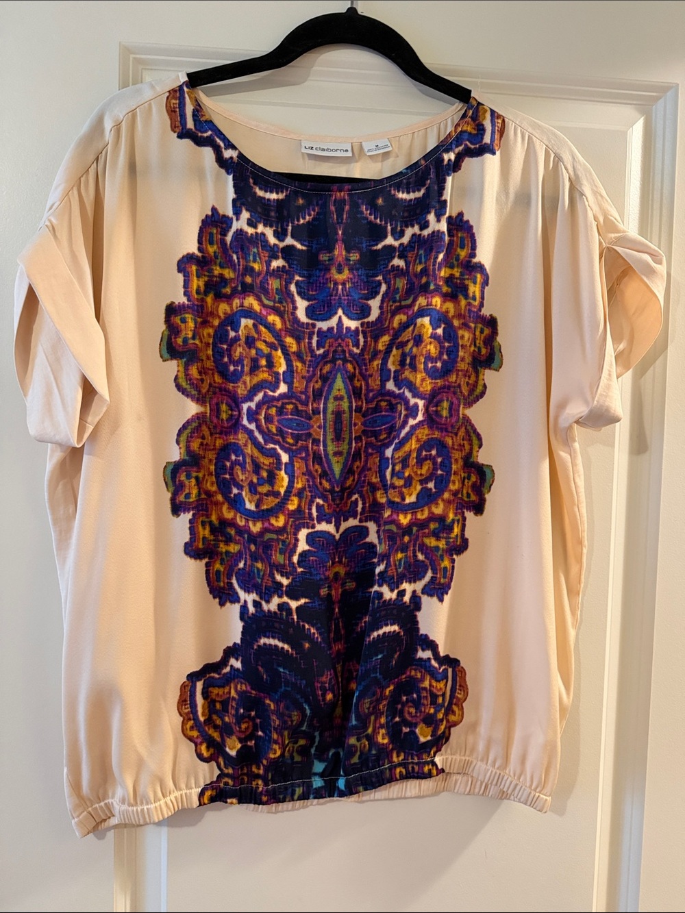 Liz Claiborne Cream Blouse with Blue, Purple & Gold Medallion Print